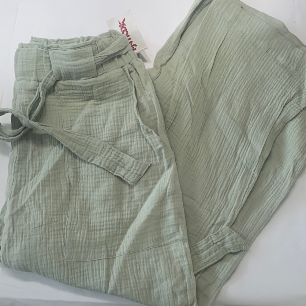 Wide Leg Women's Pants with Tie Waist - Sage Green
